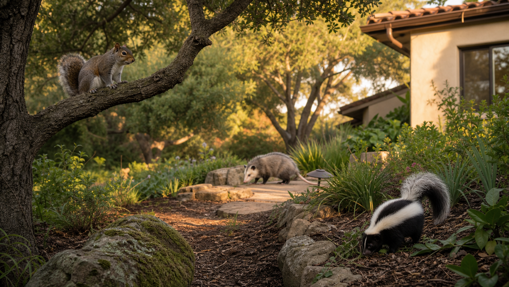 Squirrel, opossum, and skunk outside near a Southern California home